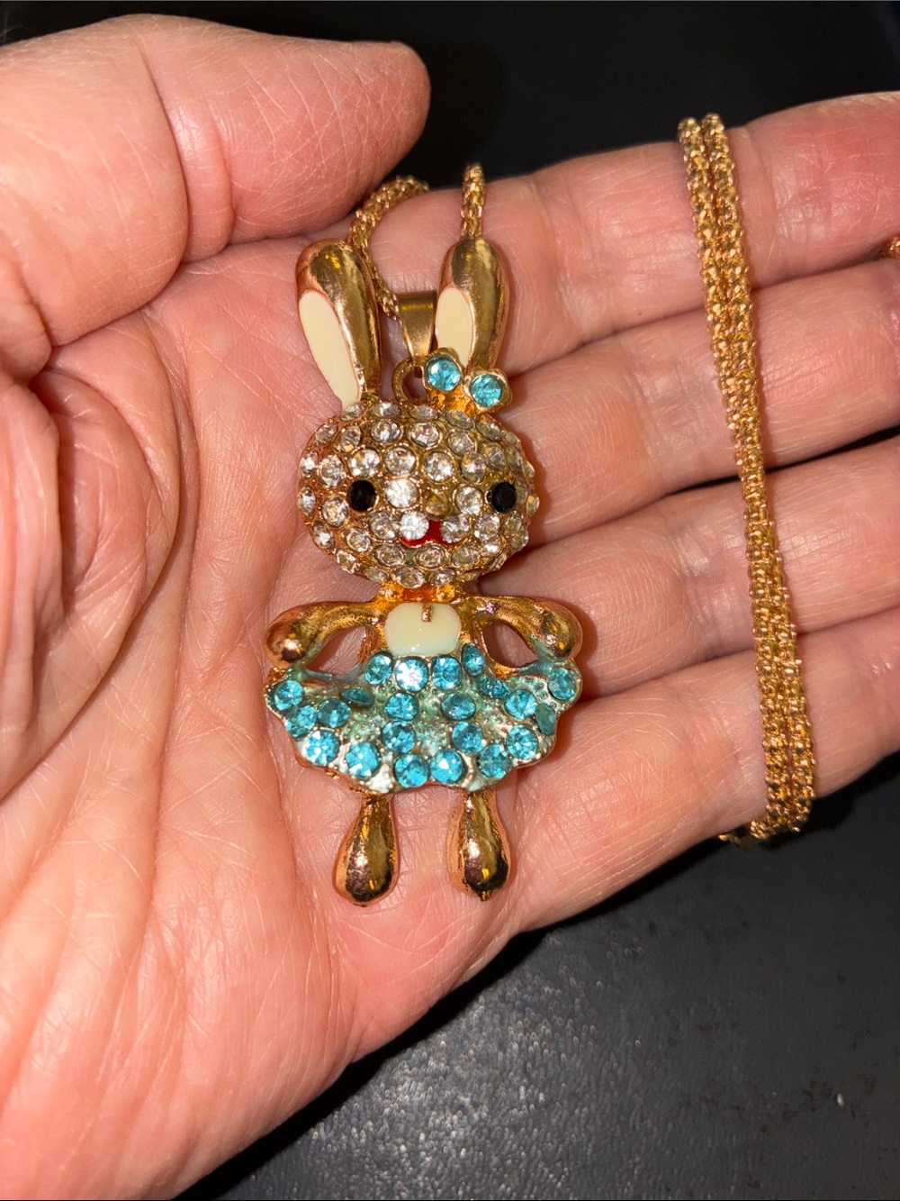 Gold Bunny Pendant Necklace with Blue Crystals